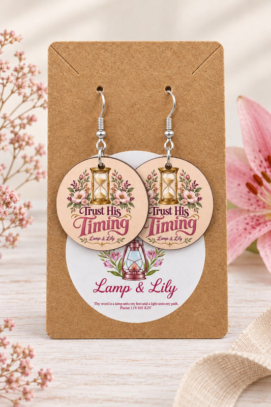 Trust His Timing round Lamp & Lily earrings on silver hooks displayed on a kraft earring card