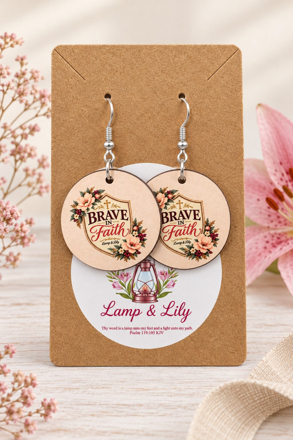 Brave in Faith round Lamp & Lily earrings on silver hooks displayed on a kraft earring card