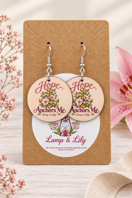 Hope Anchors Me round Lamp & Lily earrings on silver hooks displayed on a kraft earring card