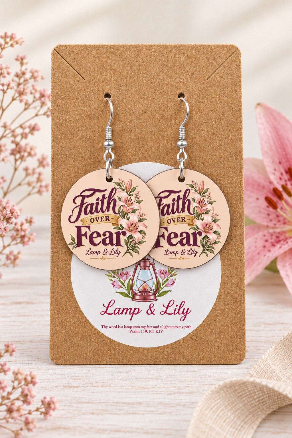 Faith over Fear round Lamp & Lily earrings on silver hooks displayed on a kraft earring card