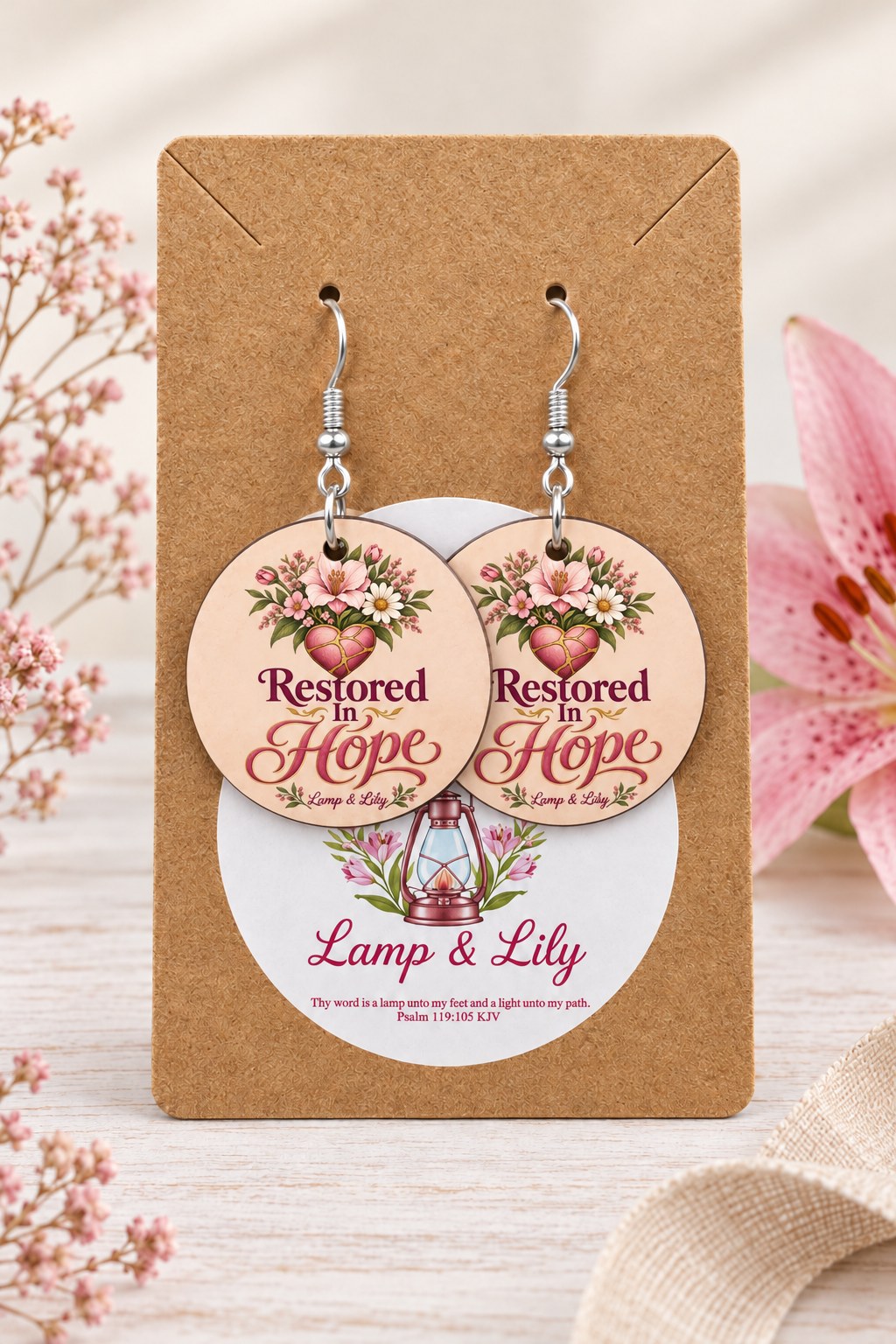Restored in Hope round Lamp & Lily earrings on silver hooks displayed on a kraft earring card