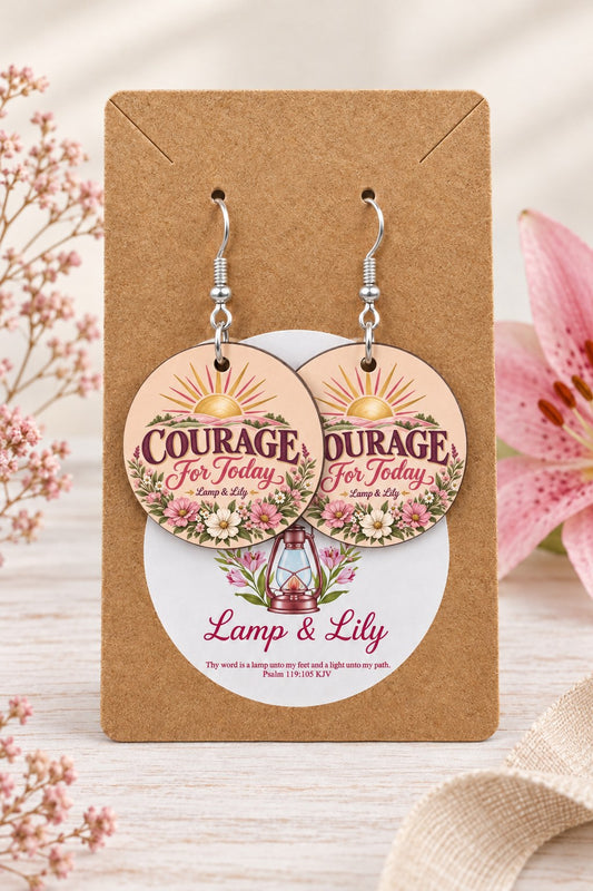 Courage for Today round Lamp & Lily earrings on silver hooks displayed on a kraft earring card