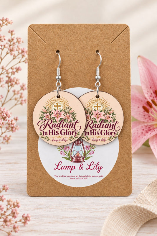 Radiant in His Glory round Lamp & Lily earrings on silver hooks displayed on a kraft earring card