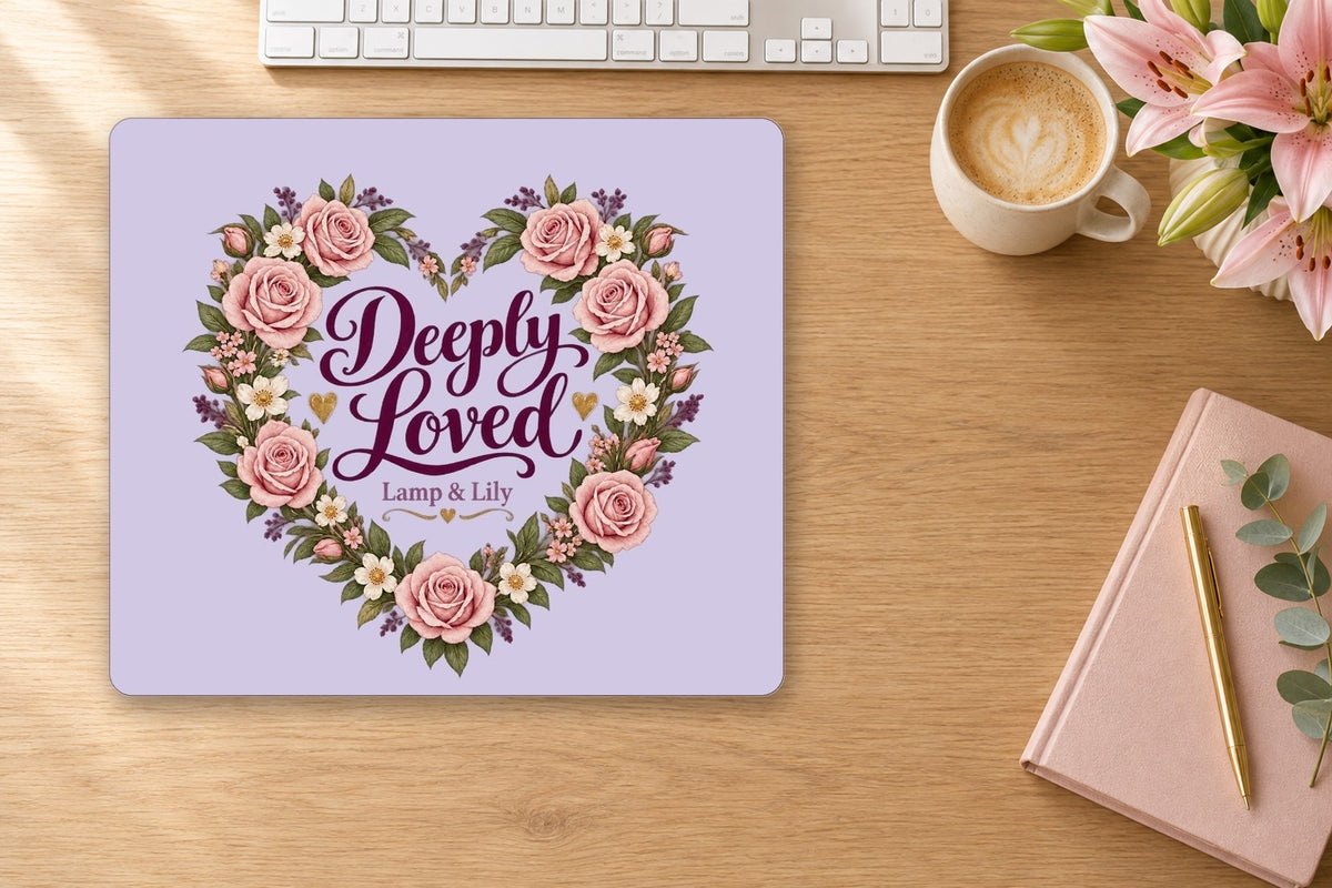 Deeply Loved mouse pad on a desk, Lamp and Lily Day 2