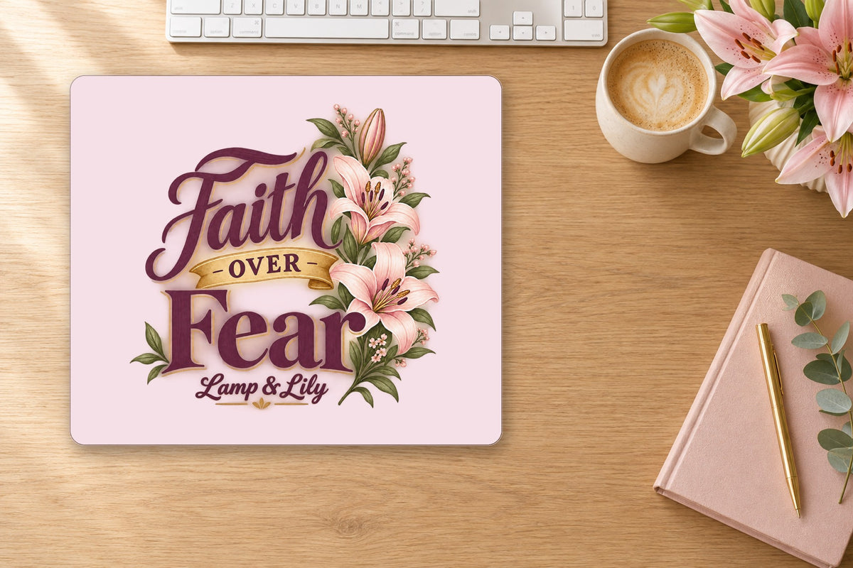 Faith over Fear mouse pad on a desk, Lamp and Lily Day 23