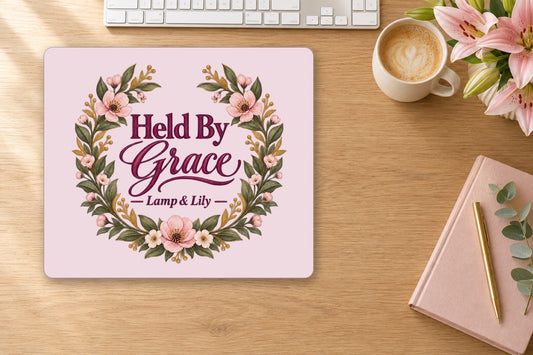 Held by Grace mouse pad on a desk, Lamp and Lily Day 15