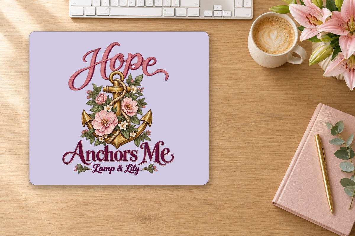 Hope Anchors Me mouse pad on a desk, lavender, Lamp and Lily Day 18