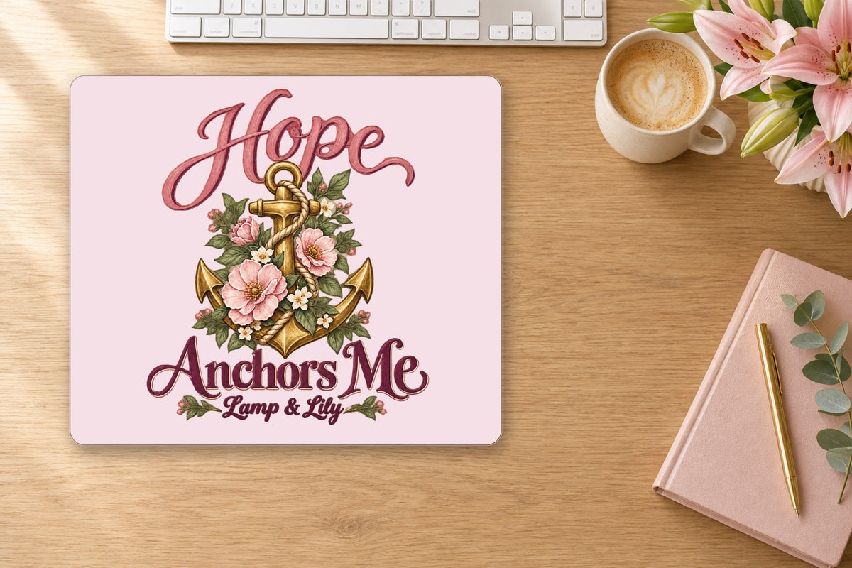 Hope Anchors Me mouse pad on a desk, pink, Lamp and Lily Day 18