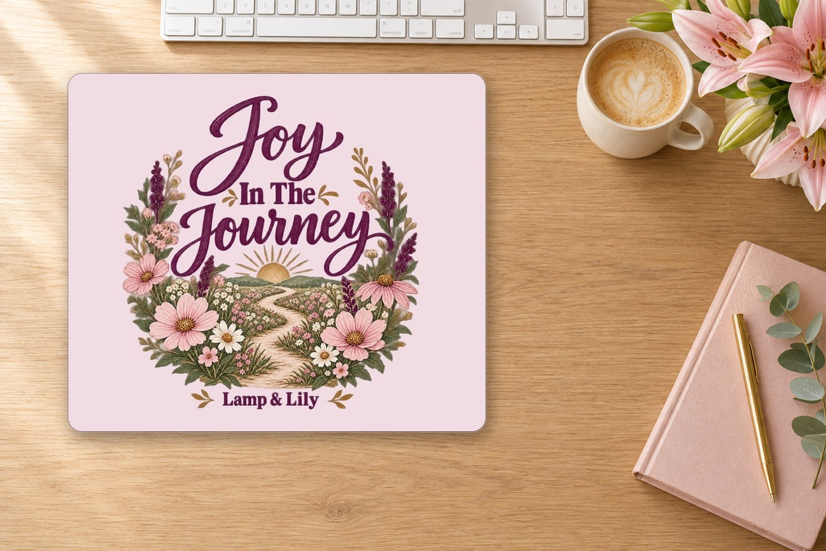 Joy in the Journey mouse pad on a desk, Lamp and Lily Day 13
