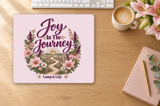 Joy in the Journey mouse pad on a desk, Lamp and Lily Day 13