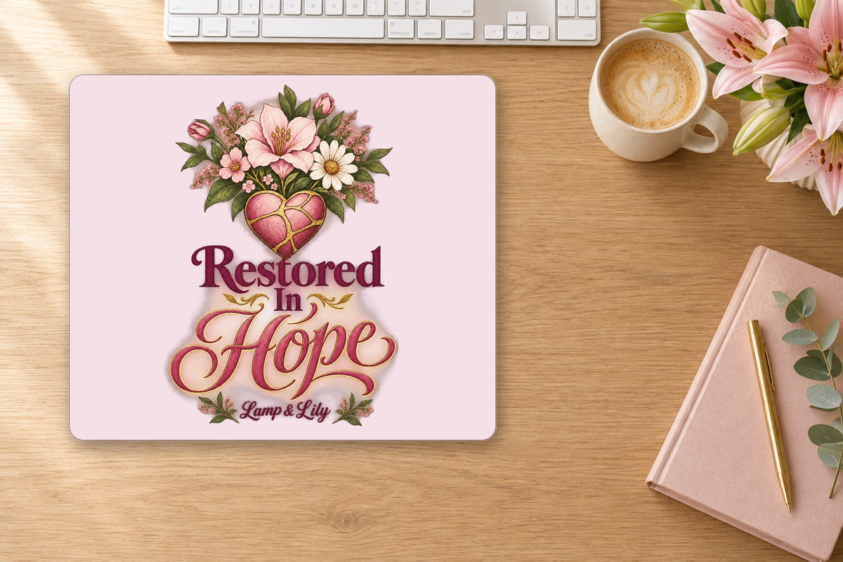 Restored in Hope mouse pad on a desk, Lamp and Lily Day 28