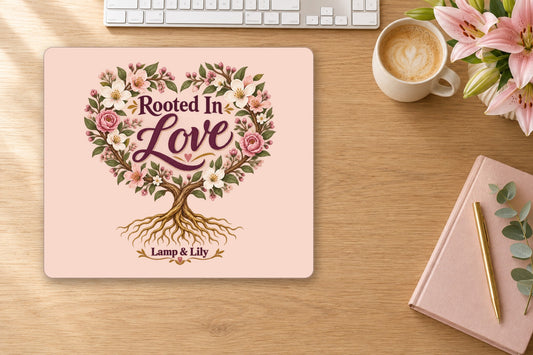 Rooted in Love mouse pad on a desk, Lamp and Lily Day 30