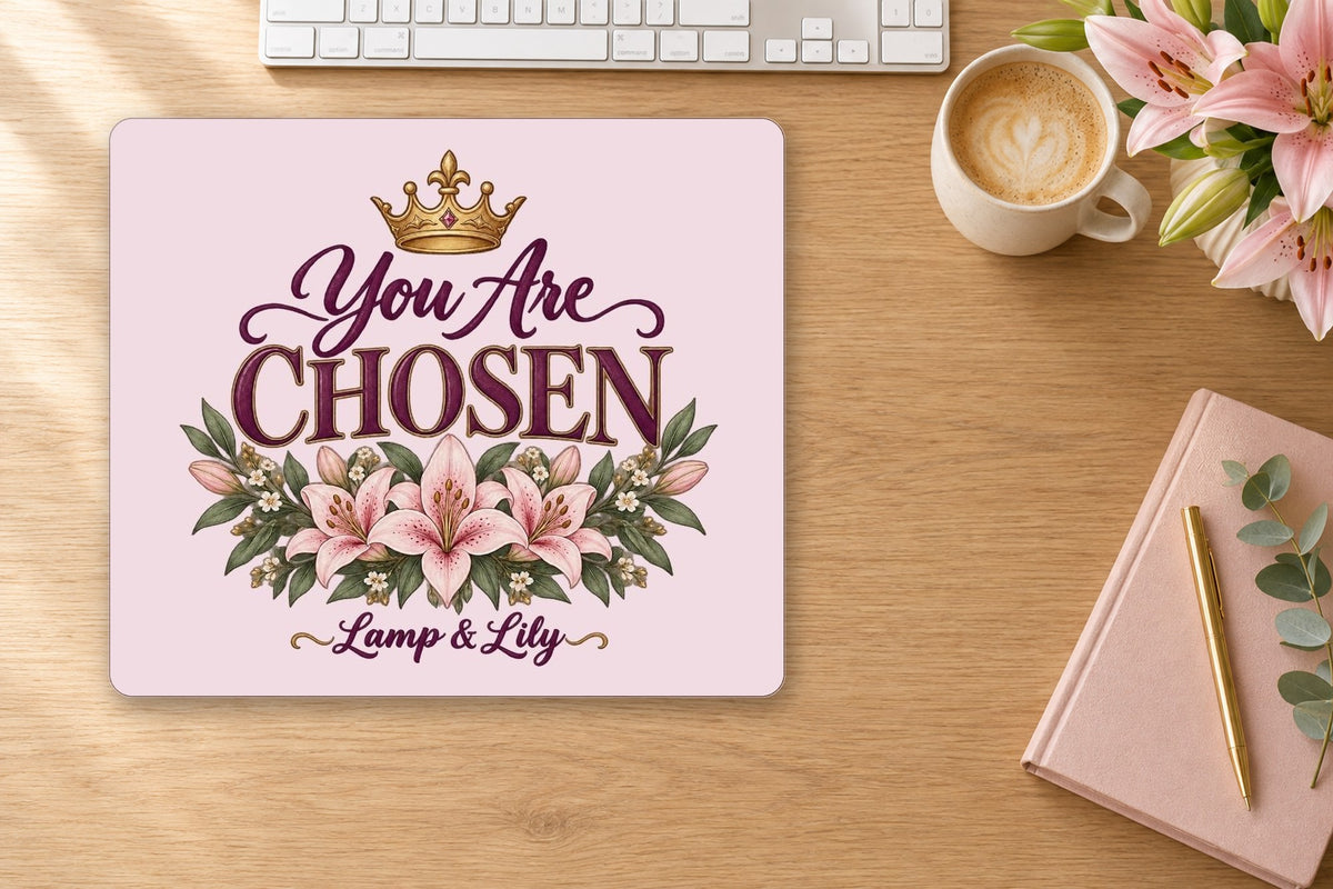 You Are Chosen mouse pad on a desk, Lamp and Lily Day 1