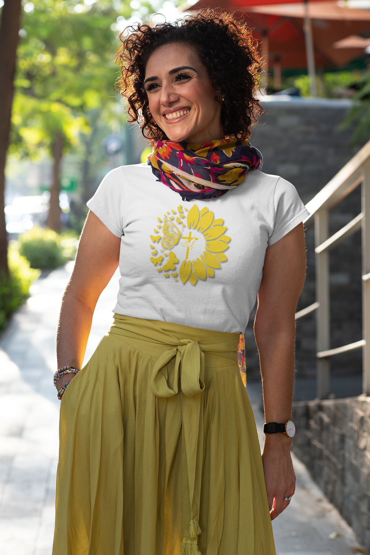 Sunflower with Butterfly and Cross Christian Graphic Tee – Faith T-Shirt | Kingdom Creations